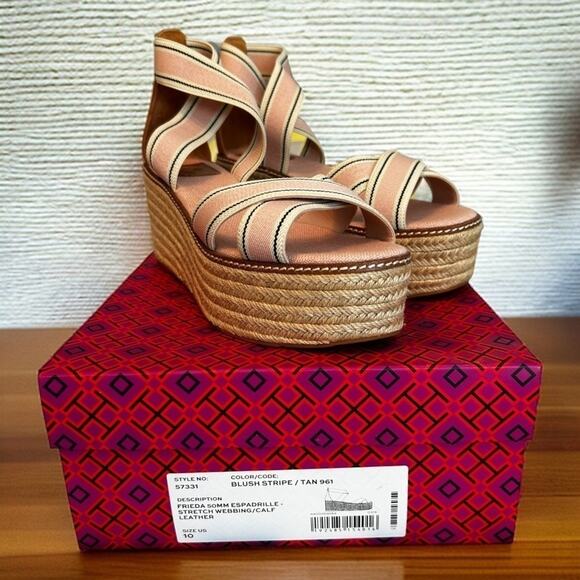 Tory Burch Womens 10 Fieda Espadrille Platform Sandals new leather canvas